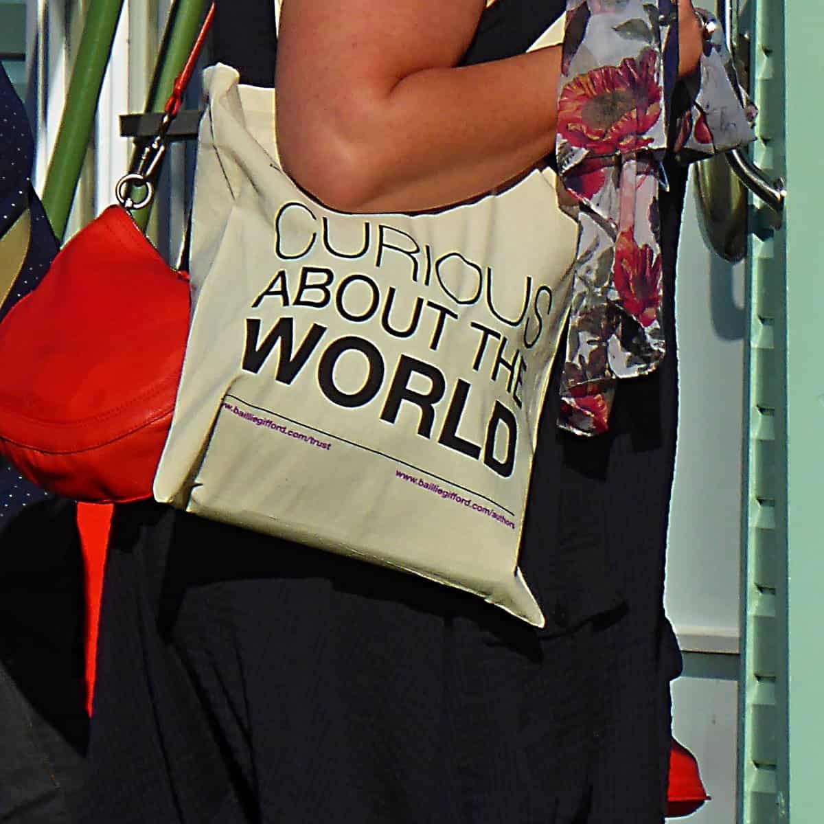A shoulder bag with a ‘curious about the world’ logo.
